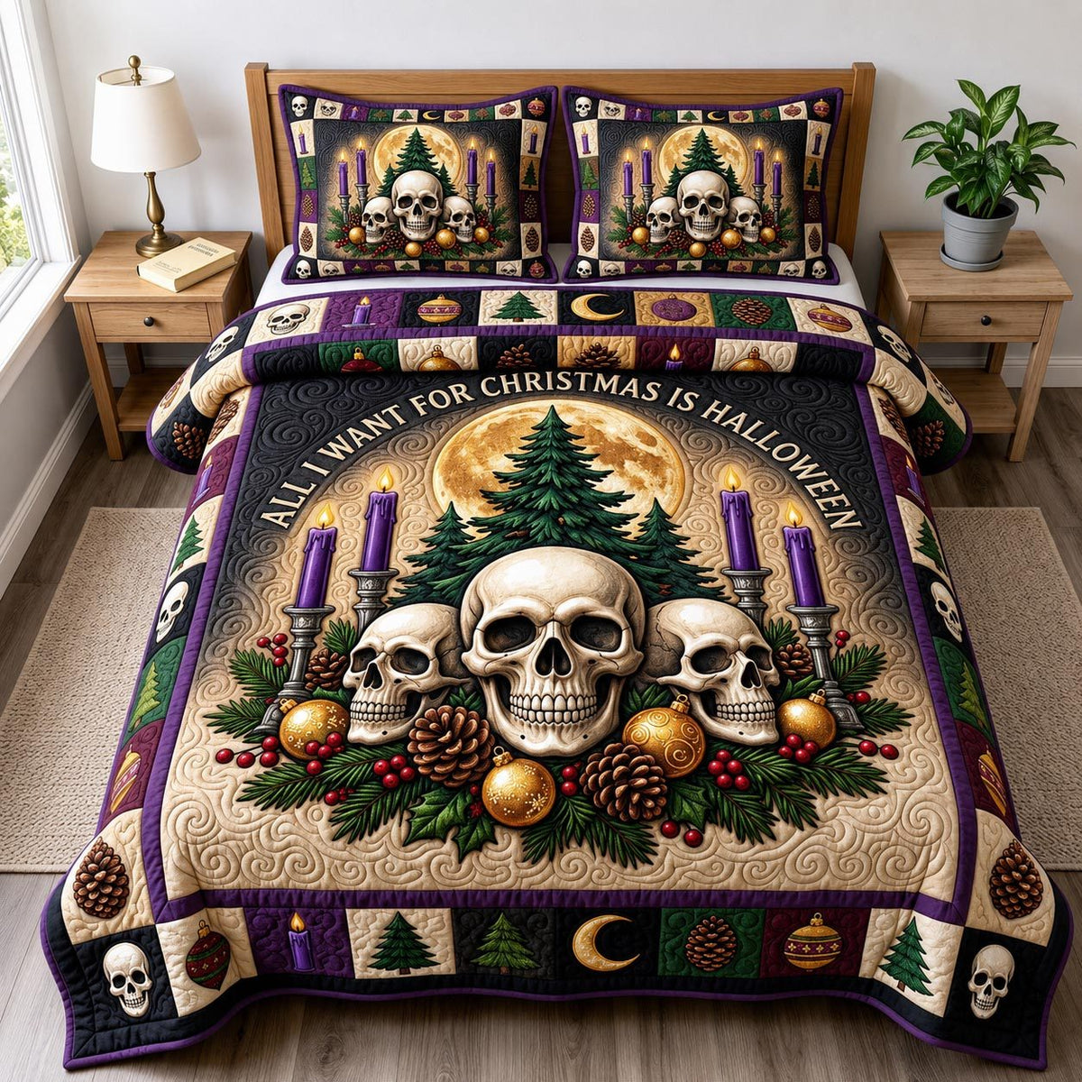 All I Want Is Halloween quilted 3-piece bedding set on a made bed against a dark styled interior