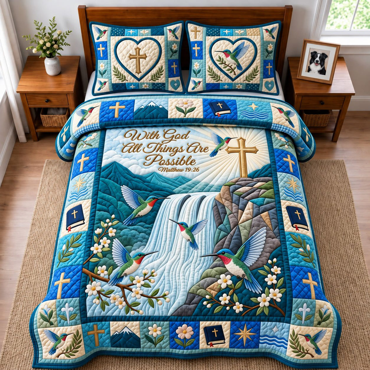 All Things Are Possible quilted 3-piece bedding set on a made bed with two matching pillow shams
