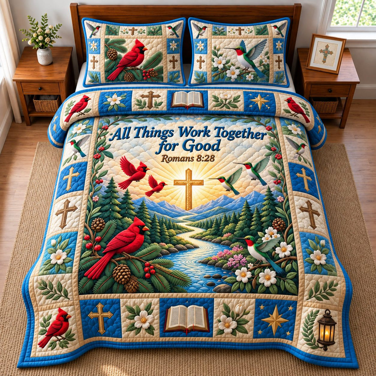 All Things Work Together quilted 3-piece bedding set on a made bed with two matching pillow shams