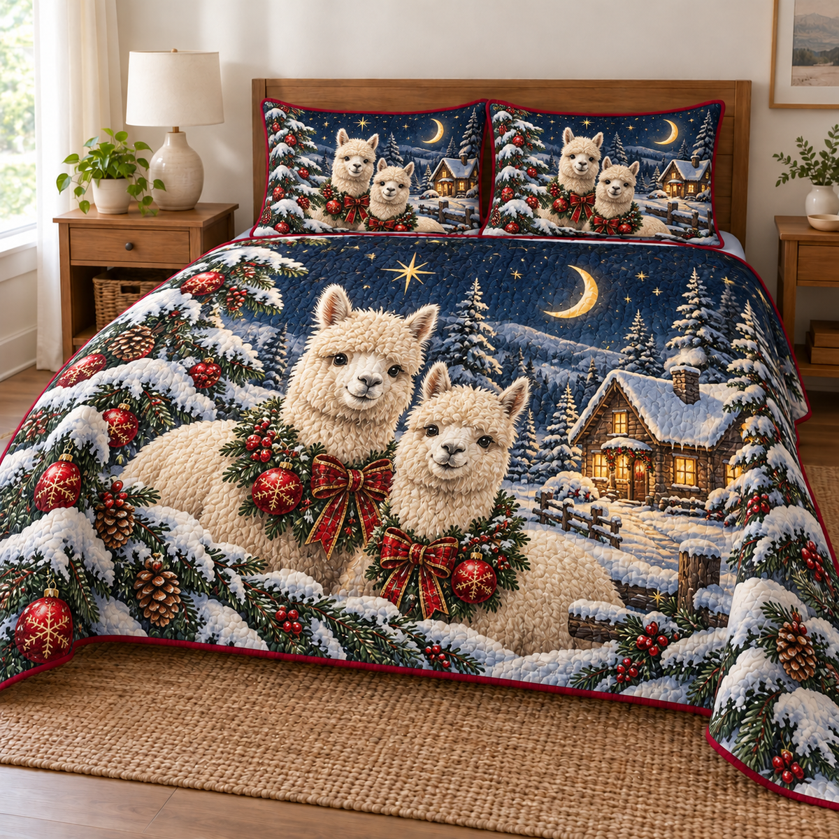 Alpaca Moon Cottage printed Christmas quilt and two matching pillow shams; design mockup showing a flat printed depth effect.