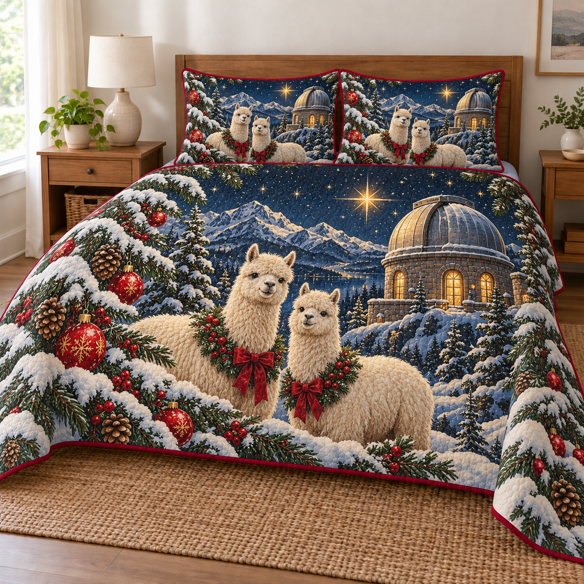 Alpaca Star Observatory printed Christmas quilt and two matching pillow shams; design mockup showing a flat printed depth effect.