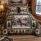 Alpine Elk Sanctuary quilted 3-piece bedding set on a made bed with two matching pillow shams