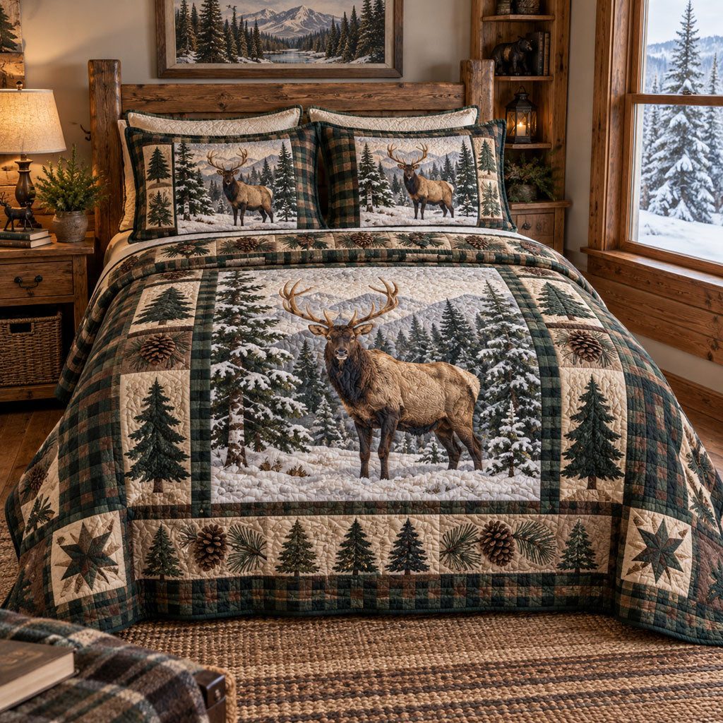 Alpine Elk Sanctuary quilted 3-piece bedding set on a made bed with two matching pillow shams