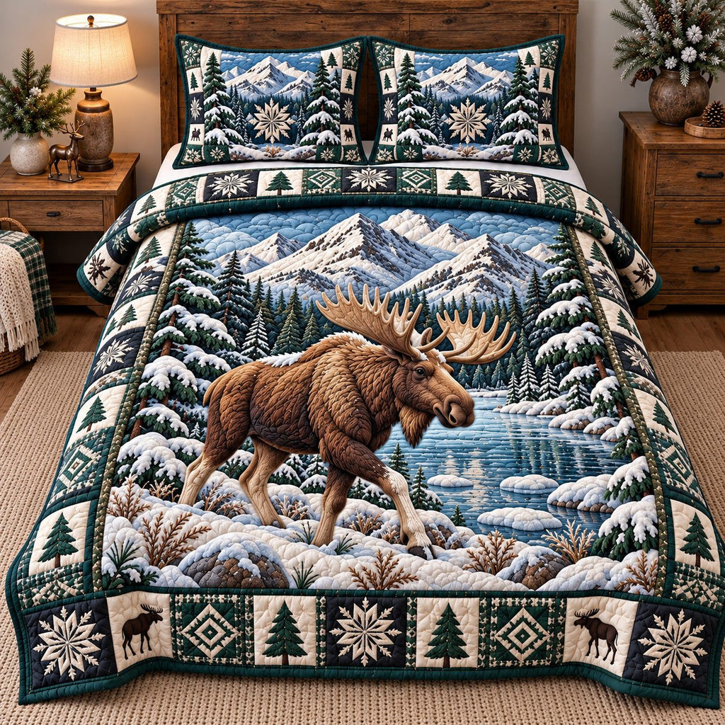 Alpine Moose Wanderer quilted 3-piece bedding set on a made bed with two matching pillow shams