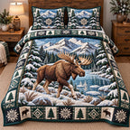 Alpine Moose Wanderer quilted 3-piece bedding set on a made bed with two matching pillow shams