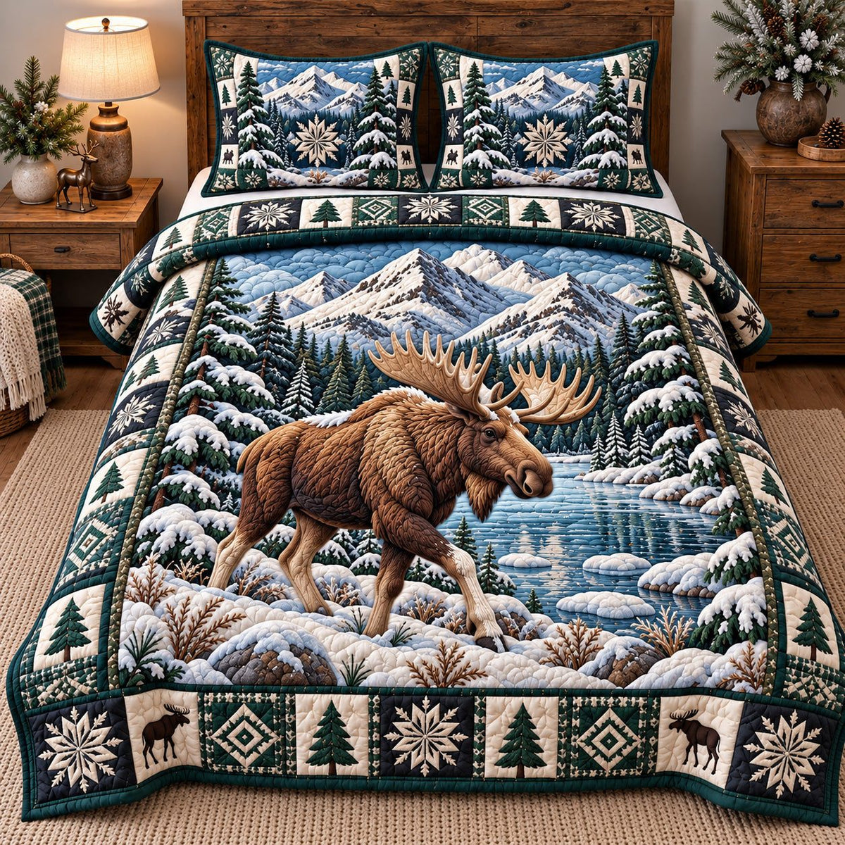 Alpine Moose Wanderer quilted 3-piece bedding set on a made bed with two matching pillow shams