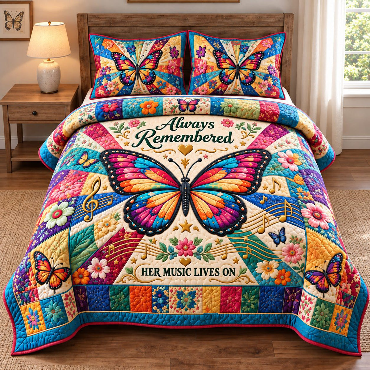 Always Remembered Butterfly quilted 3-piece bedding set on a made bed with two matching pillow shams