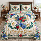 Amazing Grace Floral Cross quilted 3-piece bedding set on a made bed in a softly lit bedroom