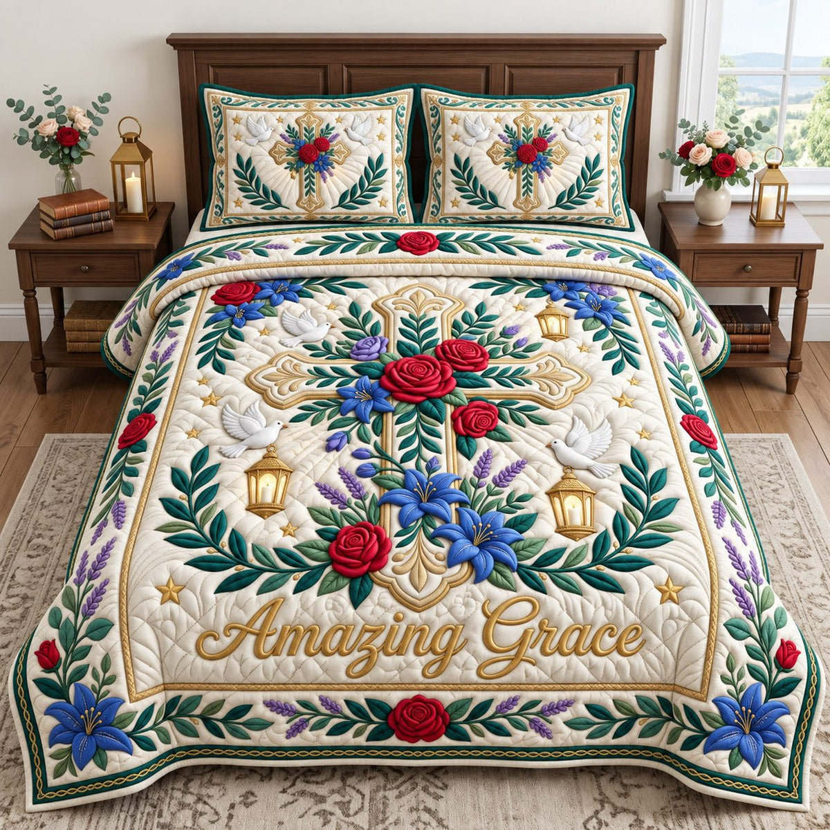 Amazing Grace Floral Cross quilted 3-piece bedding set on a made bed in a softly lit bedroom