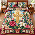 Amazing Grace quilted 3-piece bedding set on a made bed with two matching pillow shams