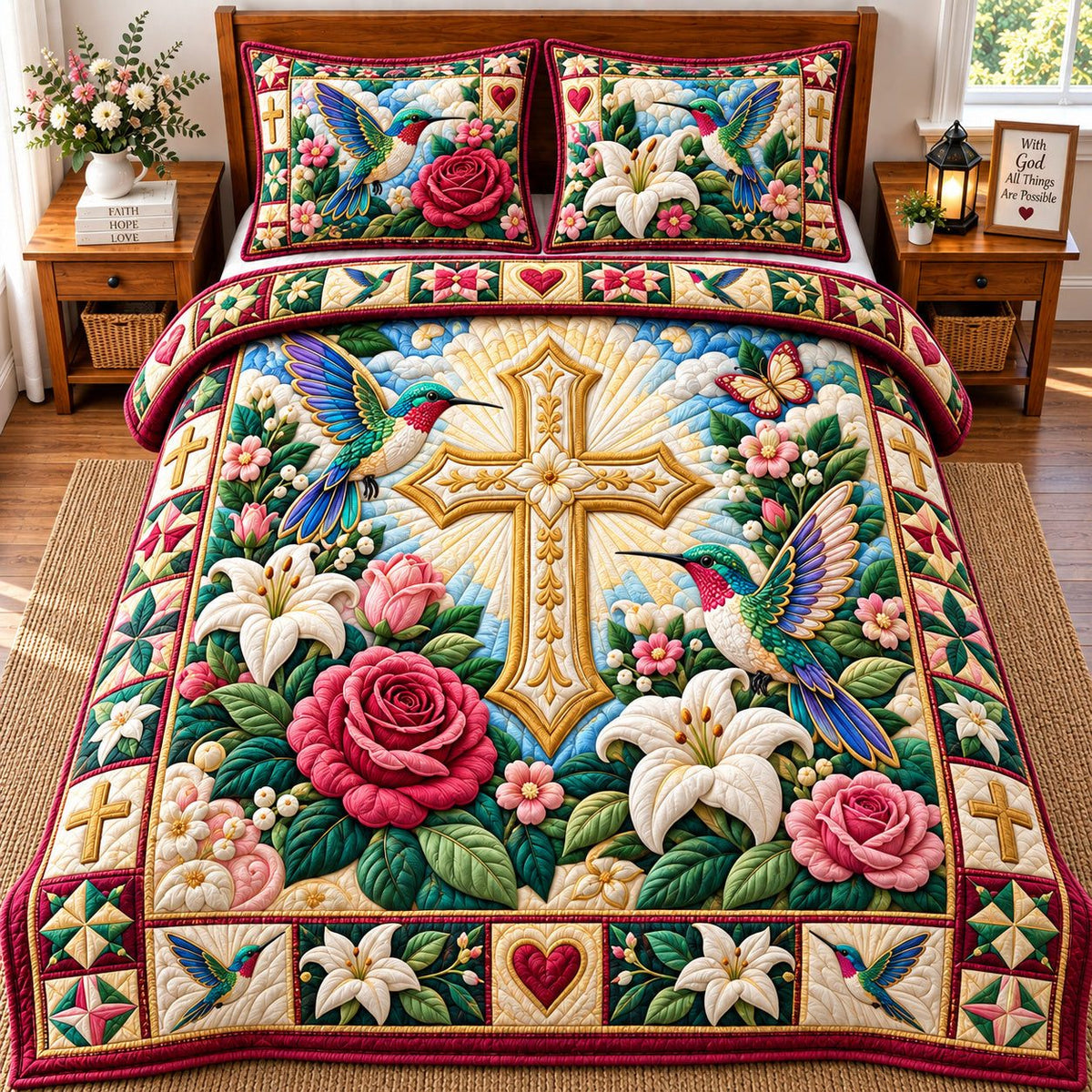 Amazing Grace quilted 3-piece bedding set on a made bed with two matching pillow shams