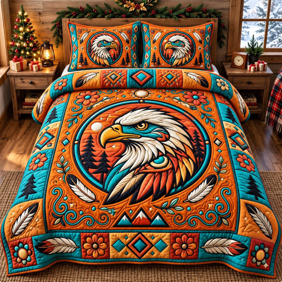 Amber Sun Eagle Spirit quilted 3-piece bedding set on a made bed in a warmly lit bedroom