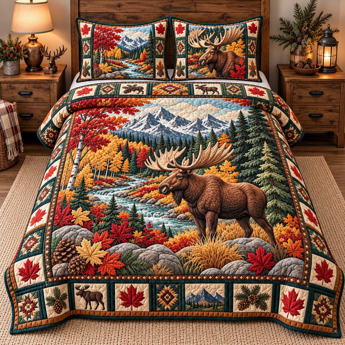 Amber Woods Majesty quilted 3-piece bedding set on a made bed with two matching pillow shams