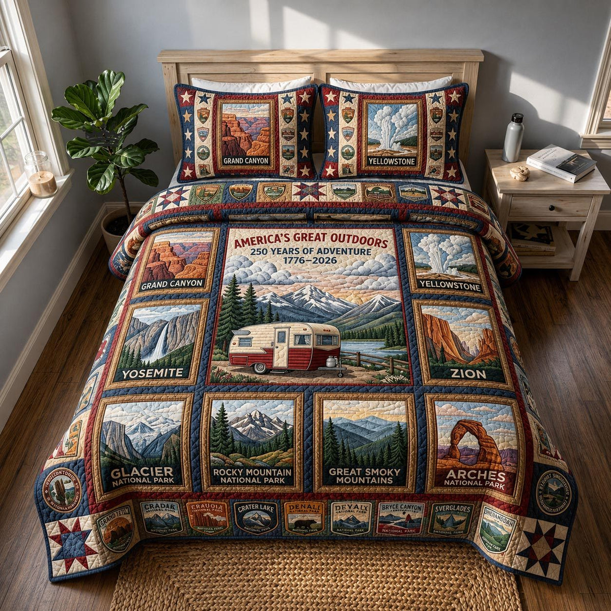 America 250 3-Piece Quilted Bedding Set GFTOMA12077 quilted 3-piece bedding set on a made bed in a warmly lit bedroom