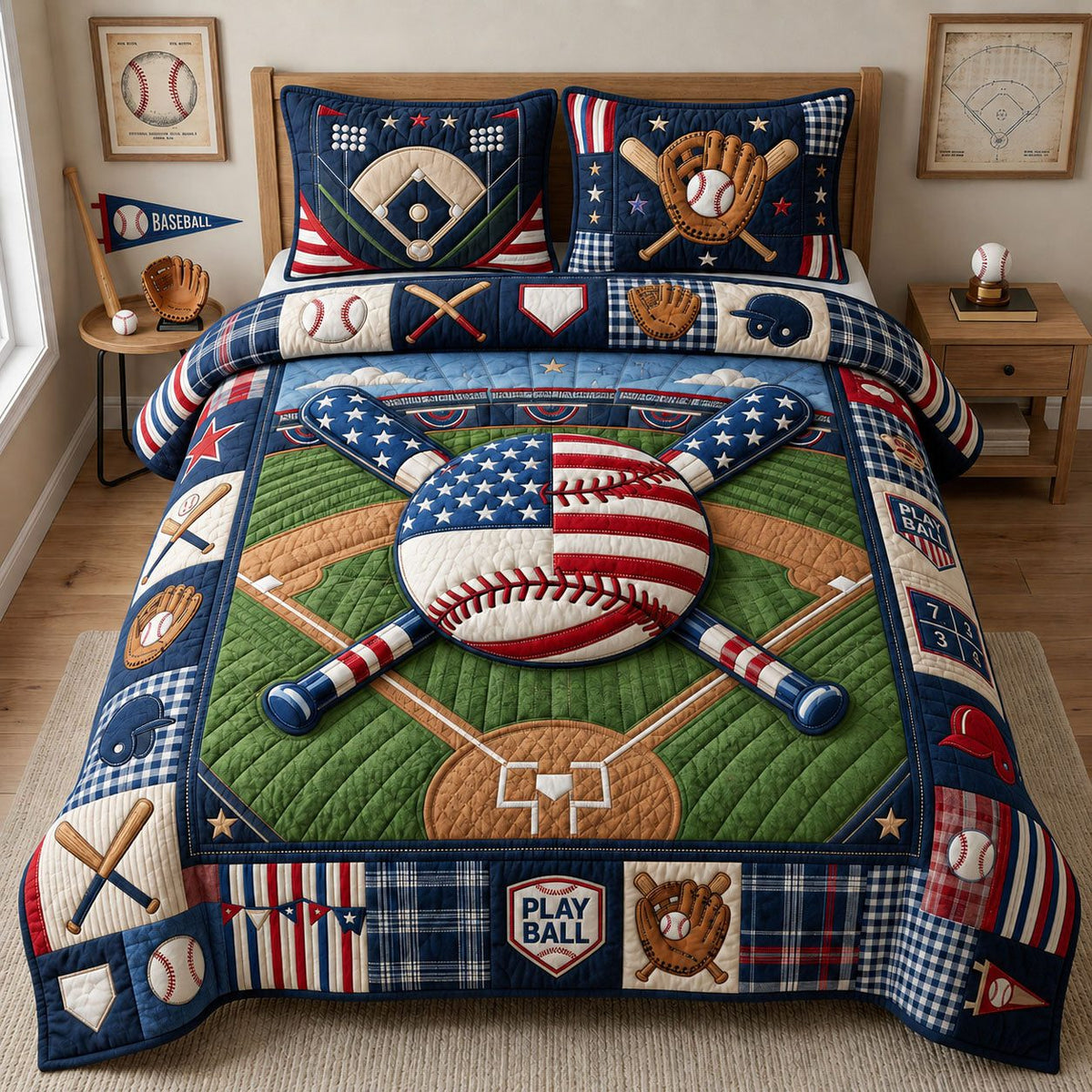 American Baseball 3-Piece Quilted Bedding Set GFTOPND1221 quilted 3-piece bedding set on a made bed in a warmly lit bedroom