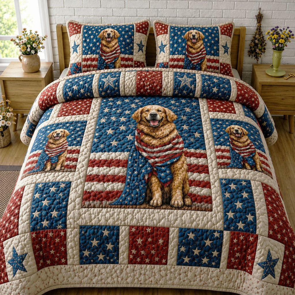 American Golden Retriever 3-Piece Quilted Bedding Set GFTOHNL02 quilted 3-piece bedding set on a made bed in a warmly lit bedroom