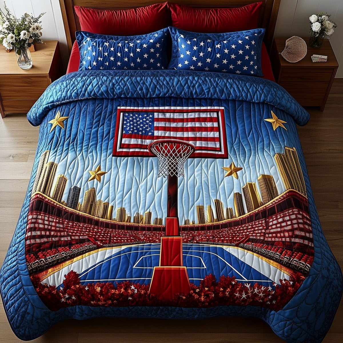 American Hoop Dream 3-Piece Quilted Bedding Set GFTOHD7621 quilted 3-piece bedding set on a made bed in a warmly lit bedroom