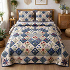 American Spirit Bloom 3-Piece Quilted Bedding Set GFTOMA10466 quilted 3-piece bedding set on a made bed in a warmly lit bedroom