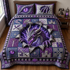 Amethyst Dragon quilted 3-piece bedding set on a made bed with two matching pillow shams
