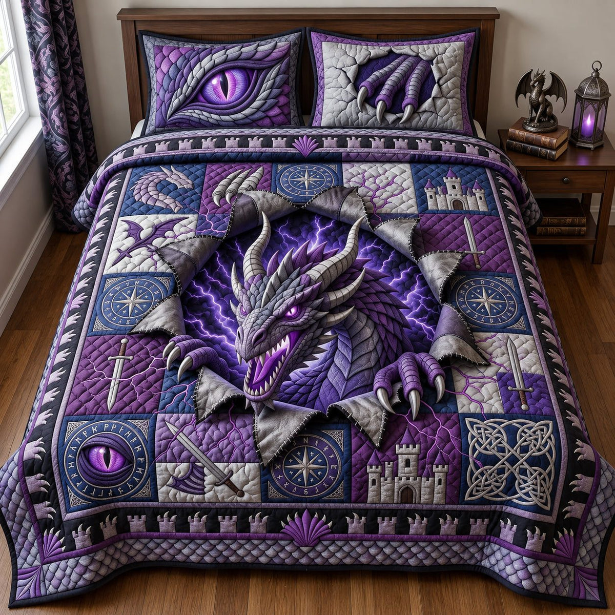 Amethyst Dragon quilted 3-piece bedding set on a made bed with two matching pillow shams