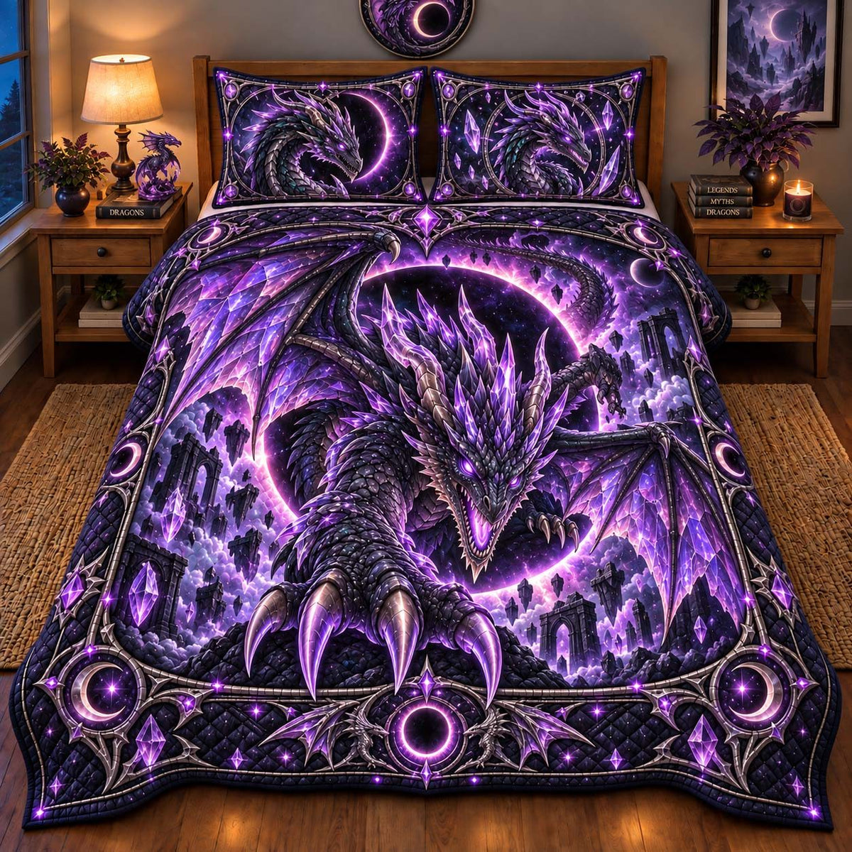 Amethyst Eclipse Dragon quilted 3-piece bedding set on a made bed with two matching pillow shams