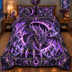 Amethyst Eclipse Dragon quilted 3-piece bedding set on a made bed with two matching pillow shams