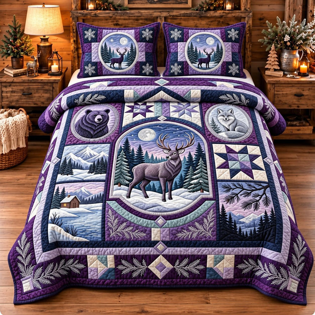 Amethyst Moonlit Forest Patchwork quilted 3-piece bedding set on a made bed in a farmhouse bedroom