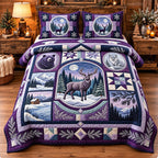 Amethyst Moonlit Forest Patchwork quilted 3-piece bedding set on a made bed in a farmhouse bedroom