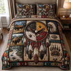 Ancestral Roots 3-Piece Quilted Bedding Set GFTOTP19709 quilted 3-piece bedding set on a made bed with two matching pillow shams