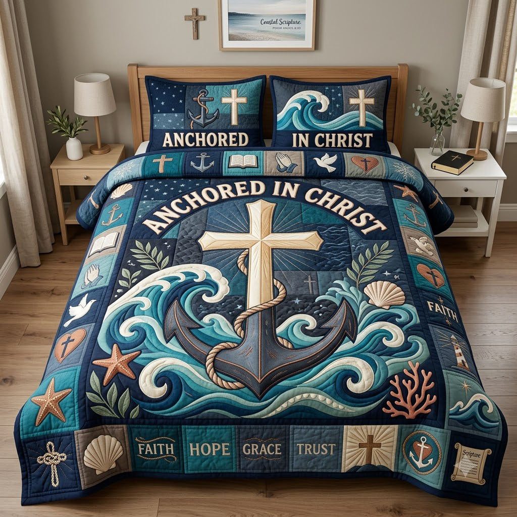 Anchored In Christ quilted 3-piece bedding set on a made bed in a softly lit bedroom