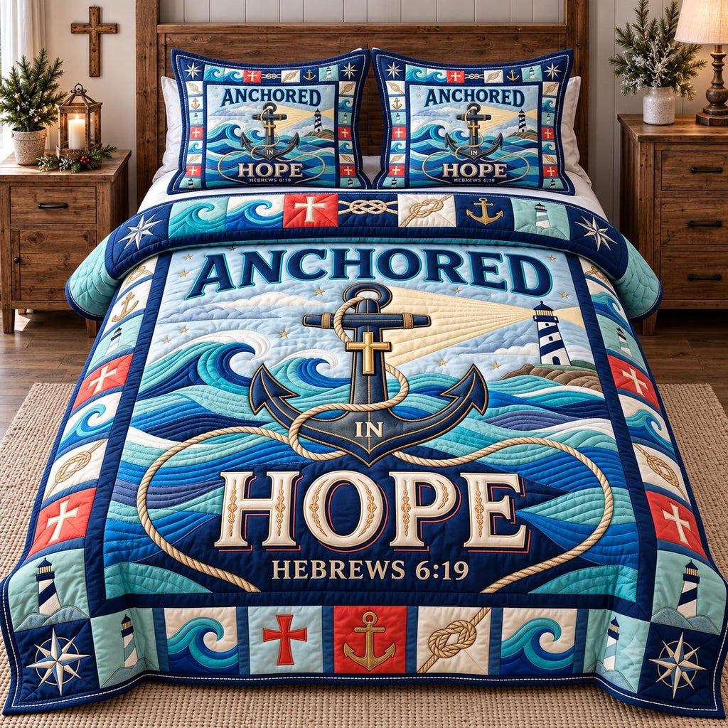 Anchored In Hope quilted 3-piece bedding set on a made bed in a light coastal bedroom
