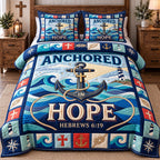 Anchored In Hope quilted 3-piece bedding set on a made bed in a light coastal bedroom