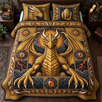 Ancient Golden Dragon King quilted 3-piece bedding set on a made bed with two matching pillow shams