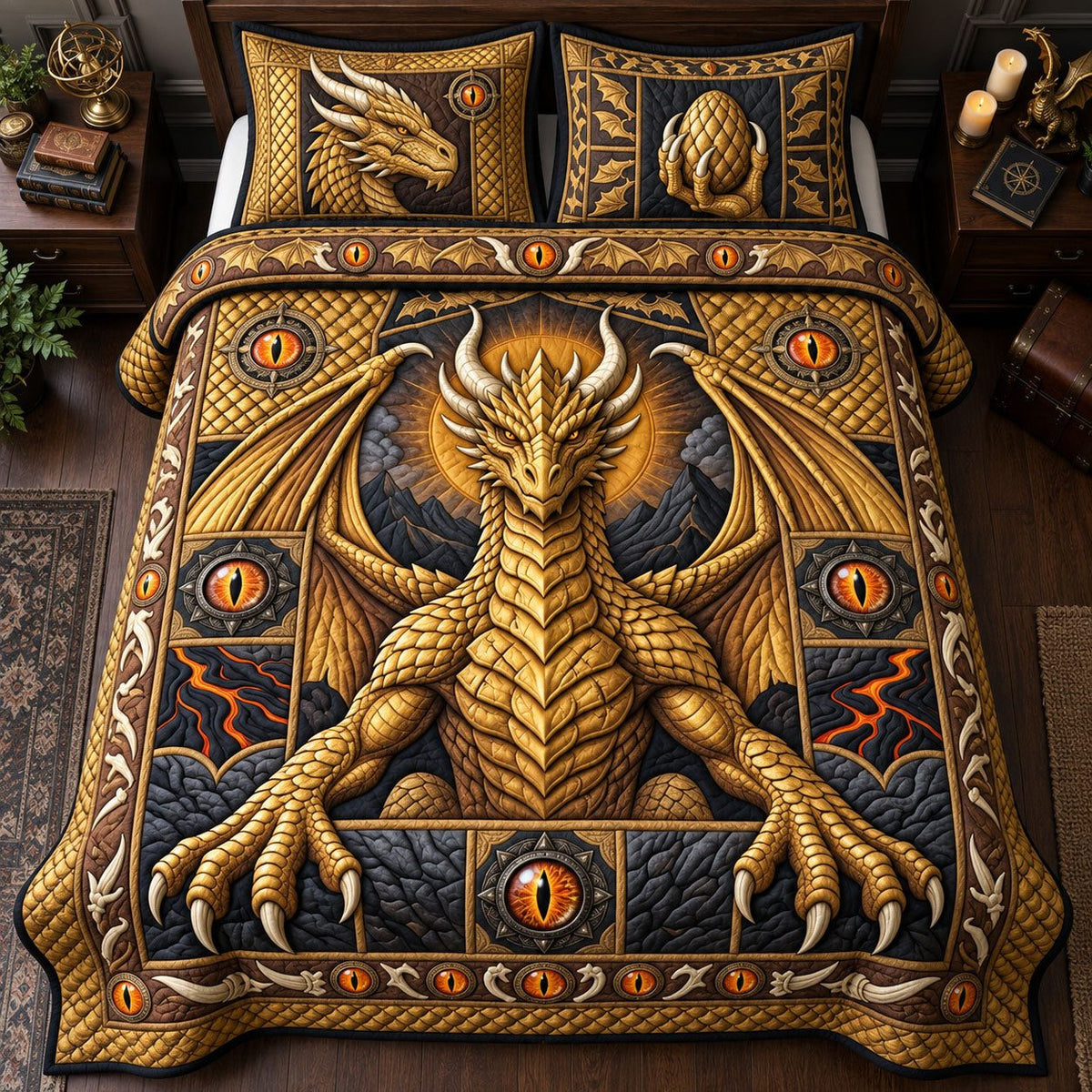 Ancient Golden Dragon King quilted 3-piece bedding set on a made bed with two matching pillow shams
