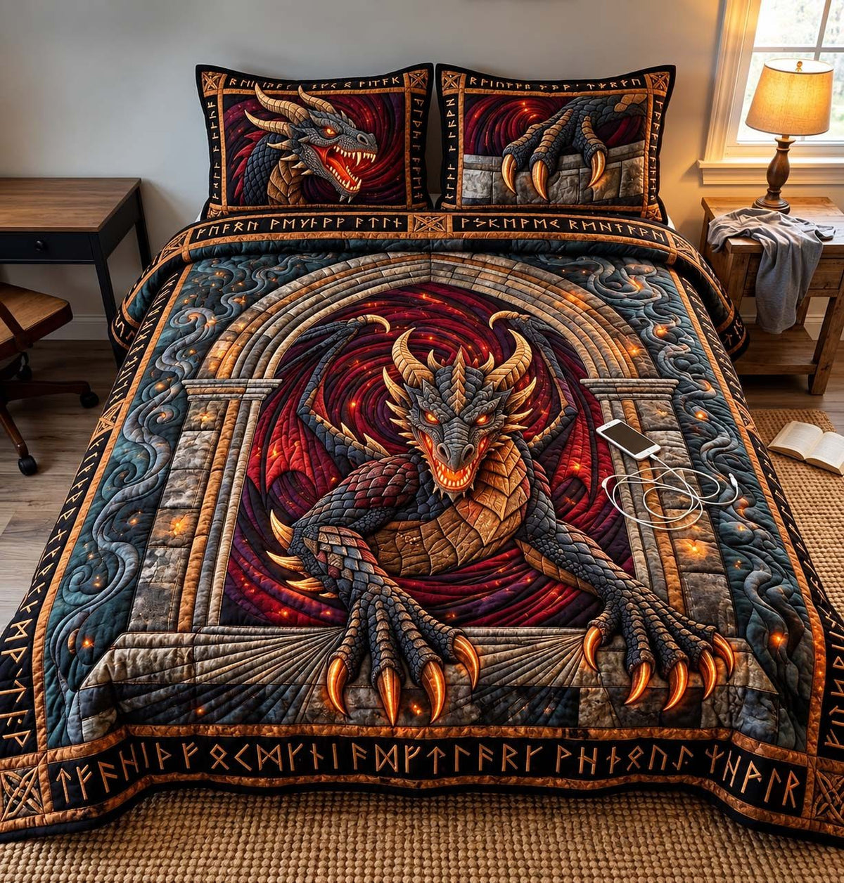 Ancient Rune Dragon quilted 3-piece bedding set on a made bed with two matching pillow shams