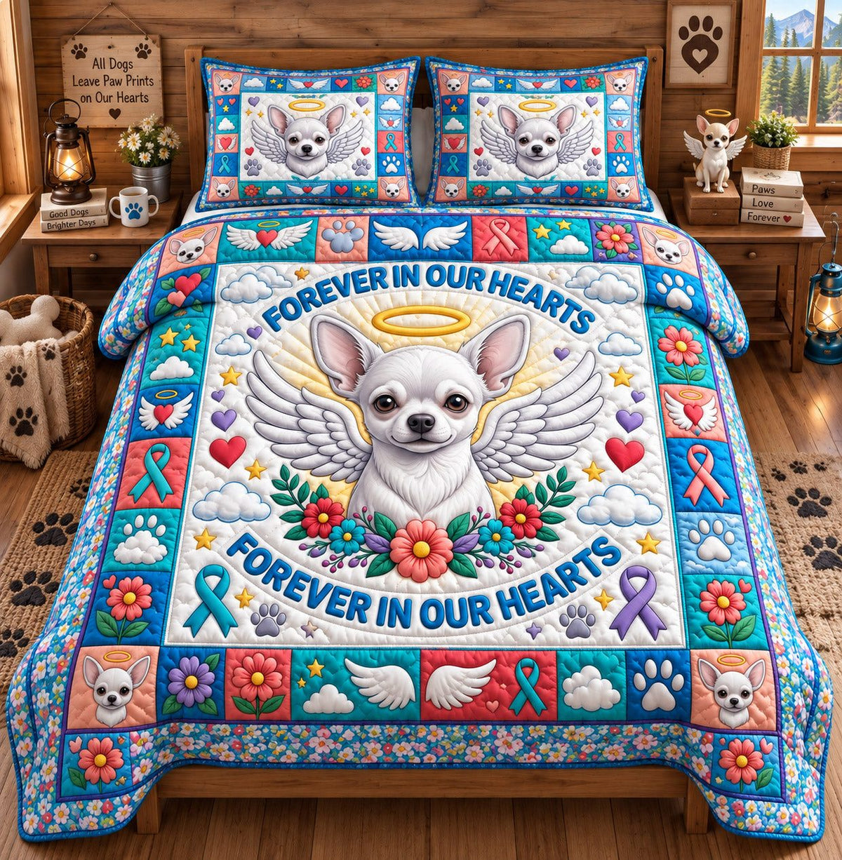 Angel Chihuahua Forever In Our Hearts quilted 3-piece bedding set on a made bed in a softly lit bedroom