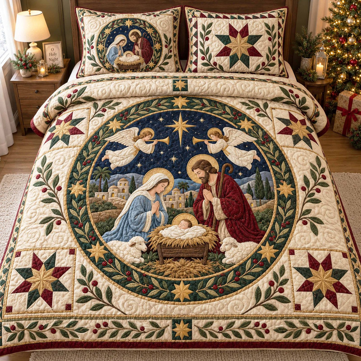 Angel Glory quilted 3-piece bedding set on a made bed in a softly lit bedroom