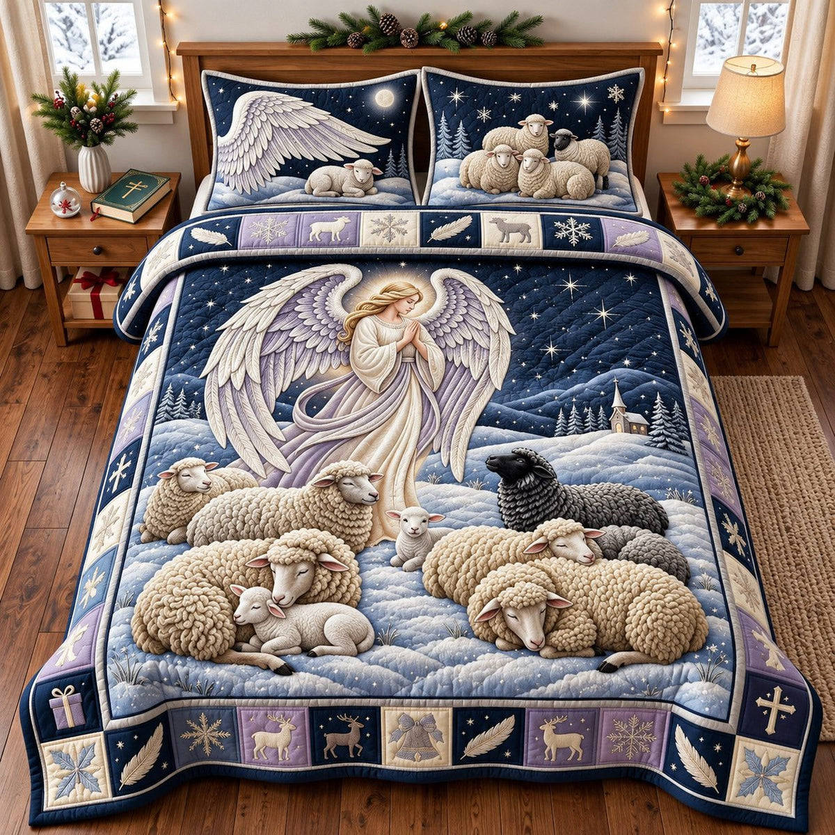 Angel Lamb quilted 3-piece bedding set on a made bed in a softly lit bedroom
