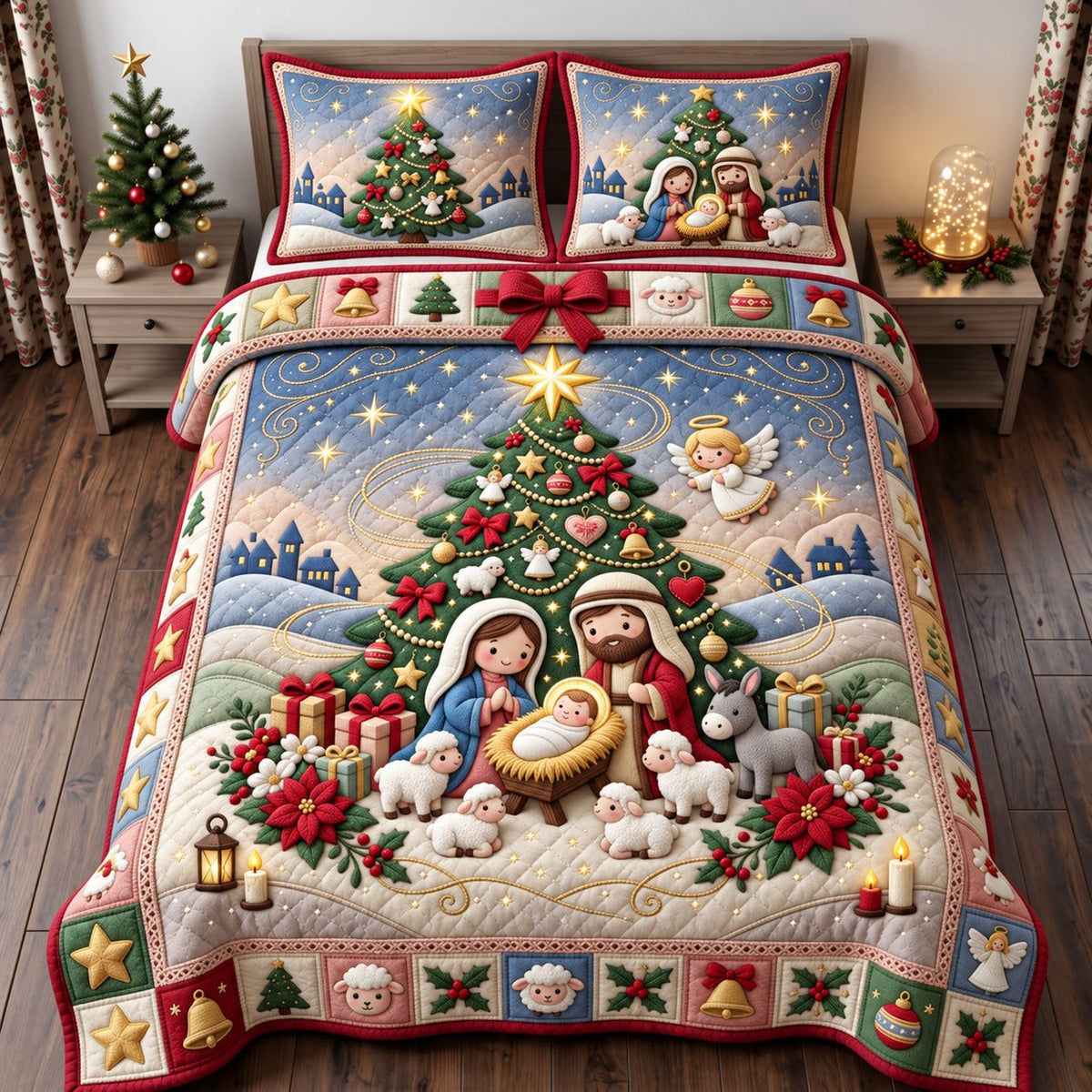Angel Tree Christmas Nativity quilted 3-piece bedding set on a made bed in a winter-styled bedroom
