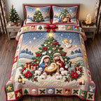Angel Tree Christmas Nativity quilted 3-piece bedding set on a made bed in a winter-styled bedroom