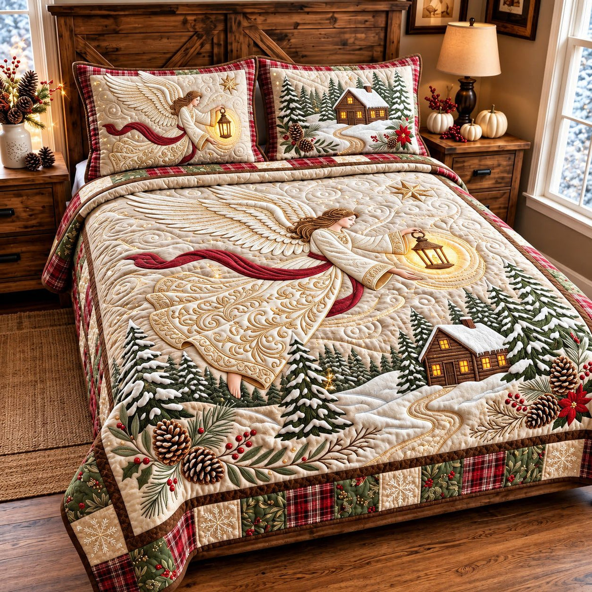 Angel Trumpet quilted 3-piece bedding set on a made bed in a softly lit bedroom