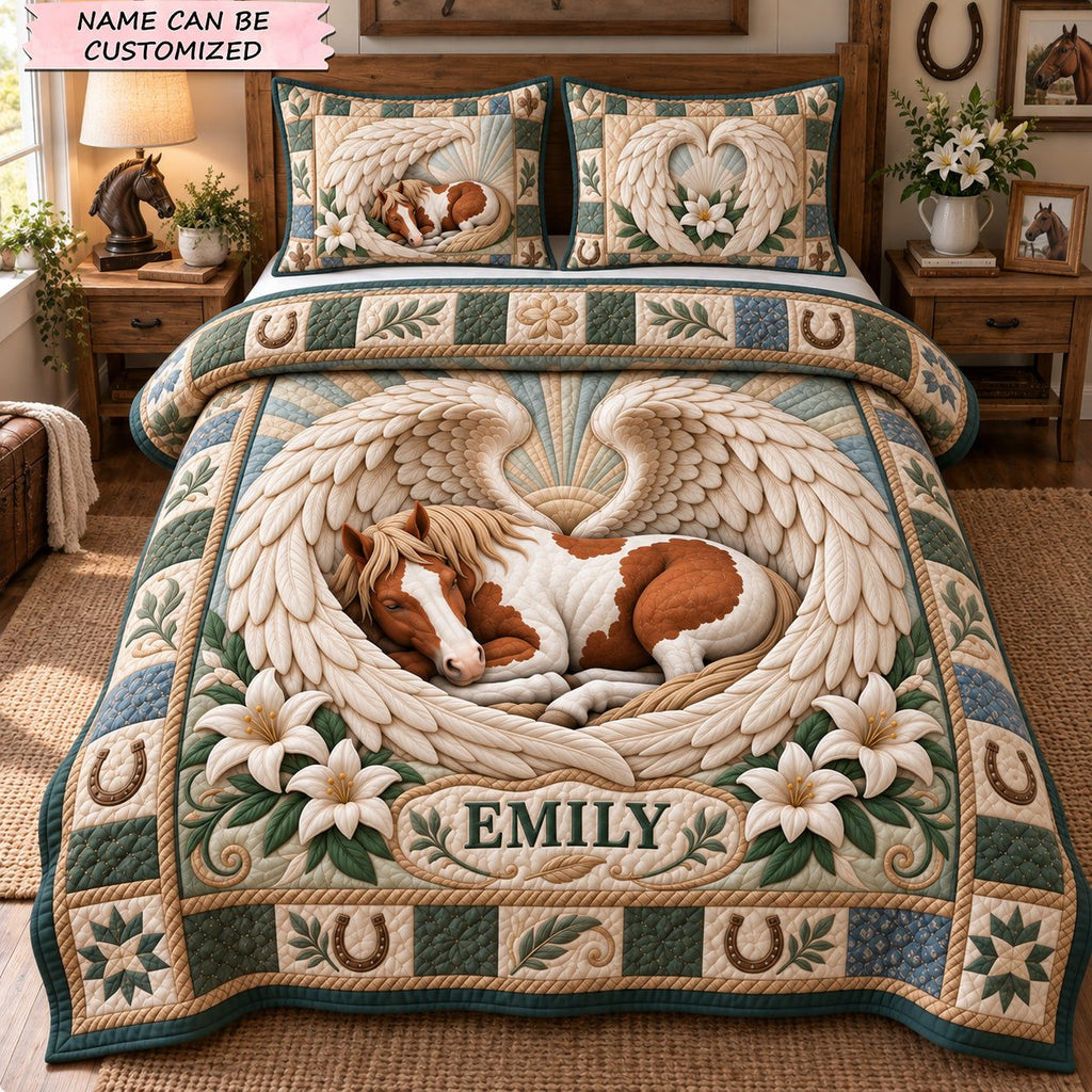 Angel Wings Of Protection 3-Piece Quilted Bedding Set QTCUZ quilted 3-piece bedding set on a made bed in a softly lit bedroom