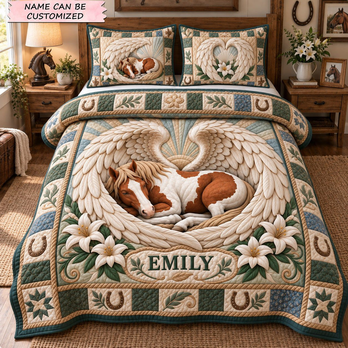 Angel Wings Of Protection 3-Piece Quilted Bedding Set QTCUZ quilted 3-piece bedding set on a made bed in a softly lit bedroom