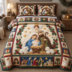 Angel Wreath Holy Night Nativity quilted 3-piece bedding set on a made bed in a winter-styled bedroom
