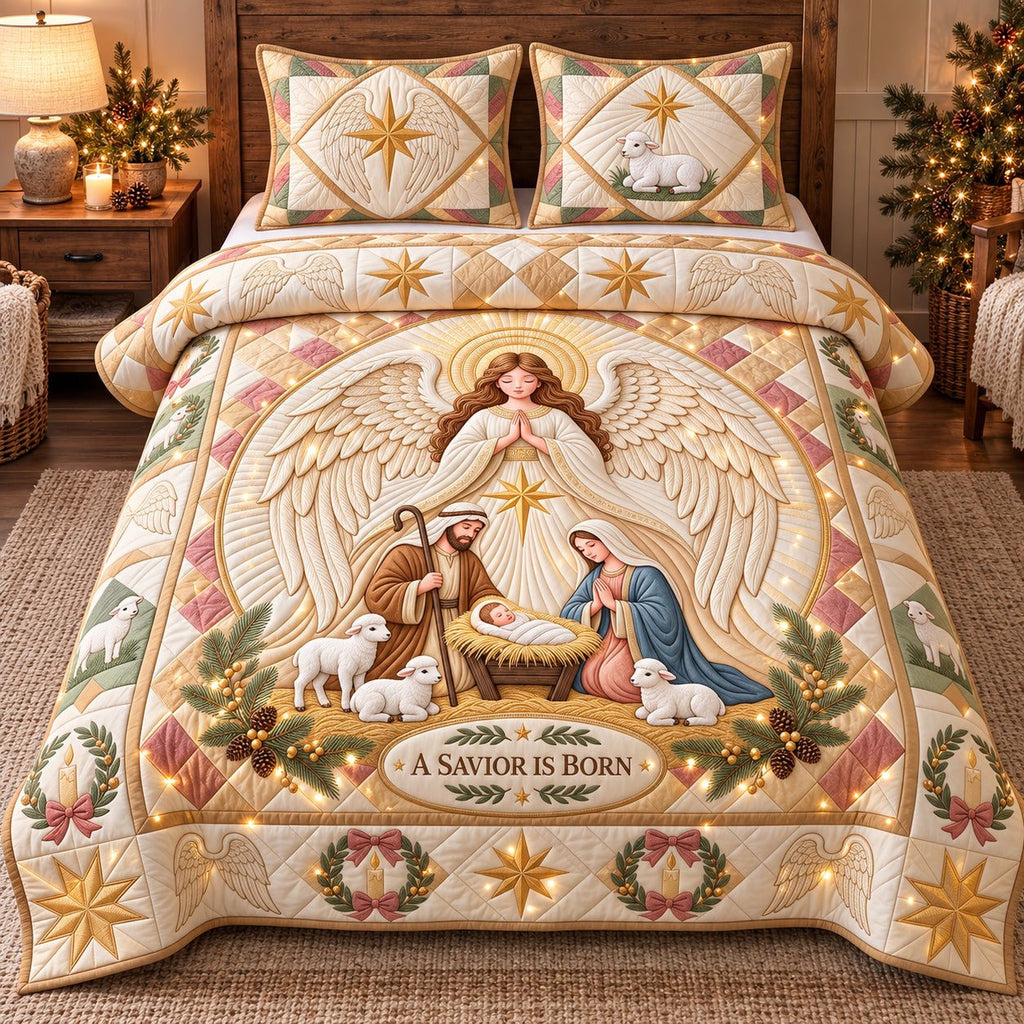 Angelic Nativity Glow quilted 3-piece bedding set on a made bed in a winter-styled bedroom