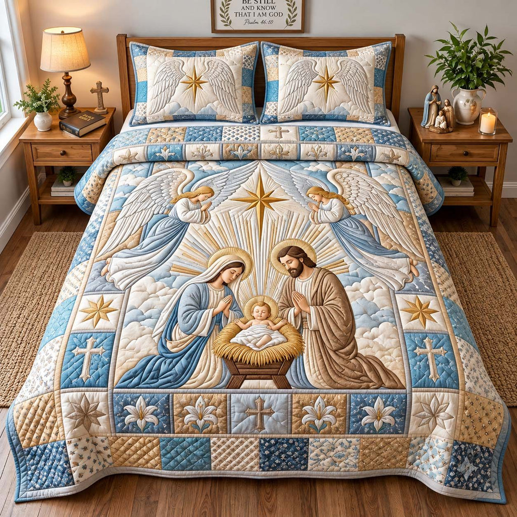 Angels of Bethlehem quilted 3-piece bedding set on a made bed in a softly lit bedroom