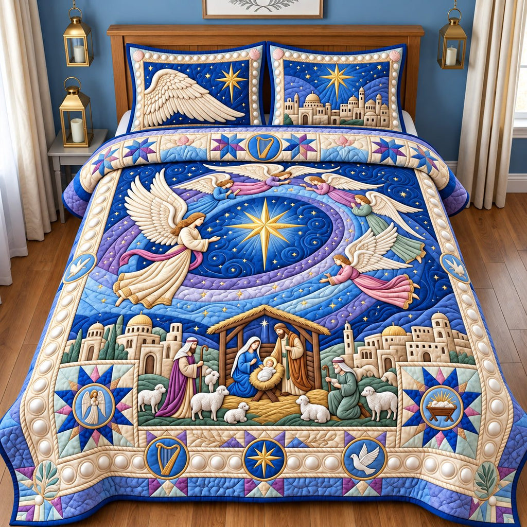 Angels Over Bethlehem quilted 3-piece bedding set on a made bed in a softly lit bedroom