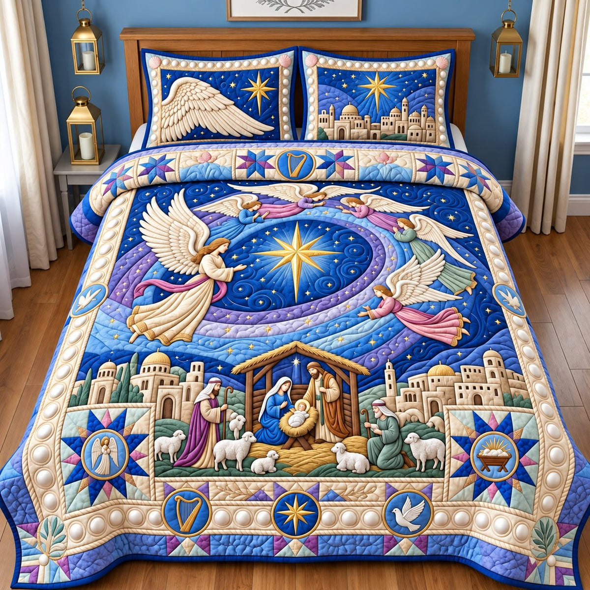 Angels Over Bethlehem quilted 3-piece bedding set on a made bed in a softly lit bedroom
