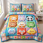 Animal Hood Dumplings quilted 3-piece bedding set on a made bed with two matching pillow shams