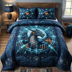 Arcane Dragon Circle quilted 3-piece bedding set on a made bed with two matching pillow shams